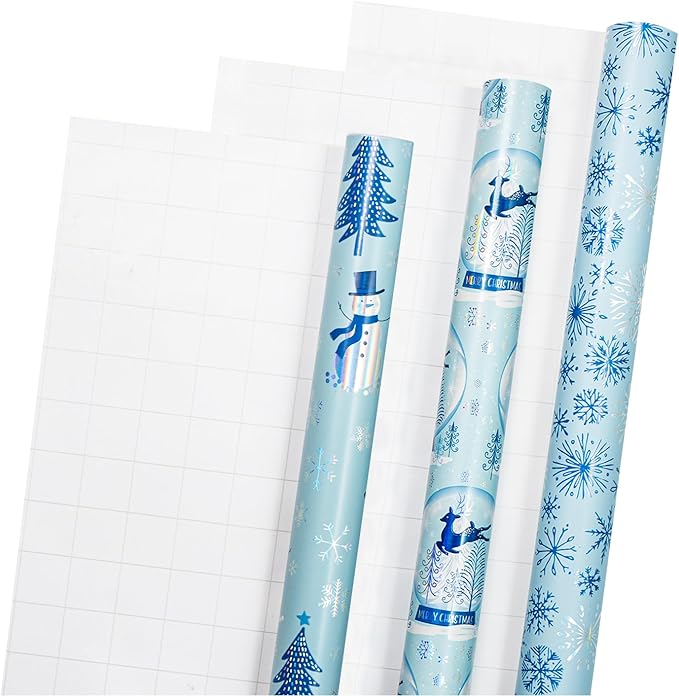 LeZakaa Blue Christmas Wrapping Paper Mini Roll, Snowman Reindeer Crystal Ball Snowflake Tree Metallic Foil Holiday Gift Wrap, Arts Craft, for Xmas Winter Party, 17 x 120 inches, 3 Rolls