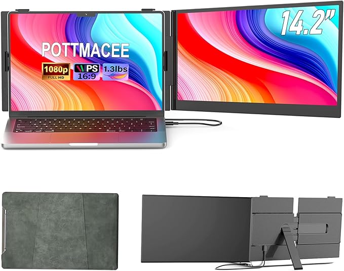 POTTMACEE 14.2" Laptop Screen Extender, 0.17" Ultra-Thin FHD 1080P IPS Portable Monitor for Laptop, Dual Screen Travel Monitor Extender, Plug-Play for Windows/Mac/Chrome, Fit 13”-17.3” Laptops