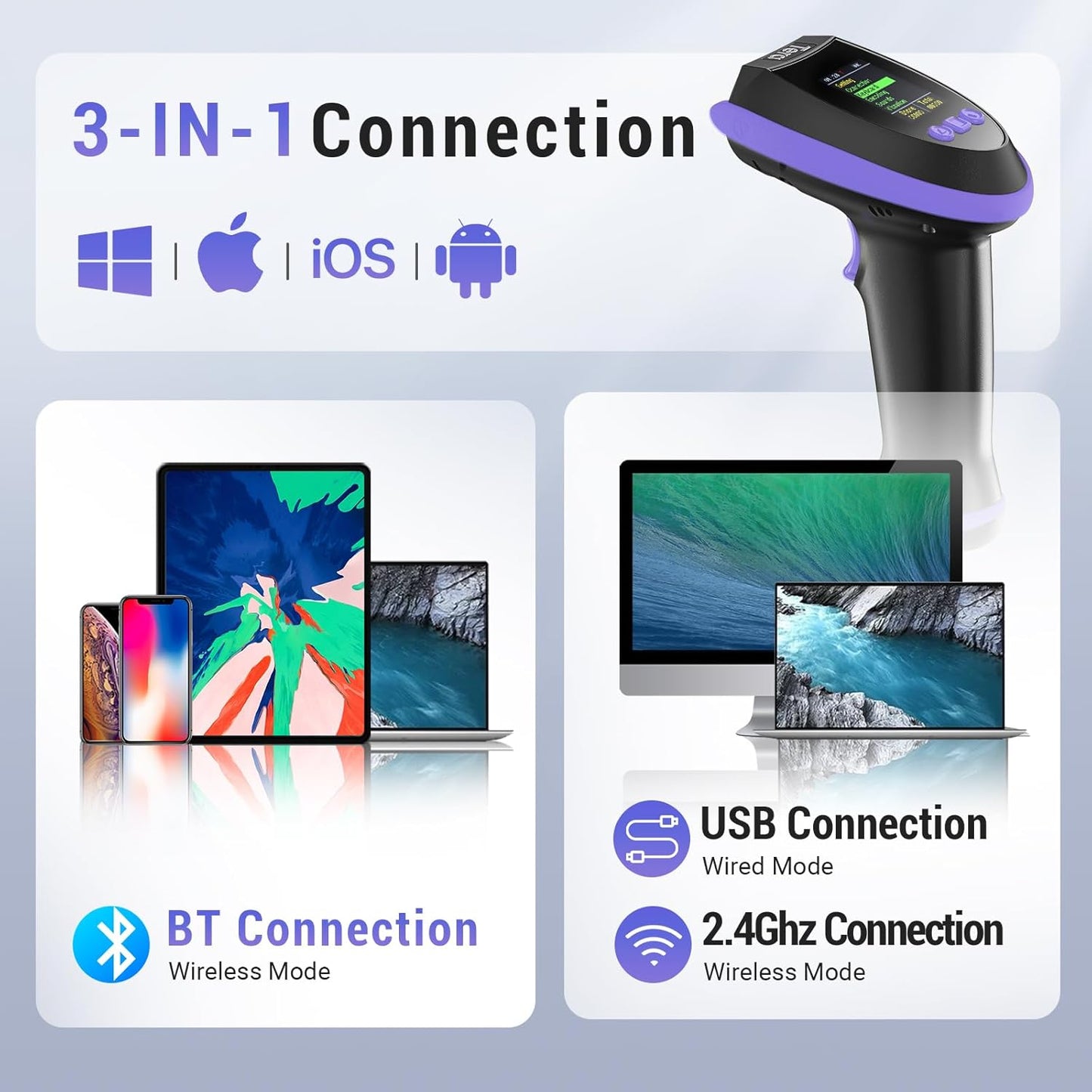Tera Wireless 2D Barcode Scanner - Pro Version with Digital Screen & Keypad | Fast Scanning, Purple