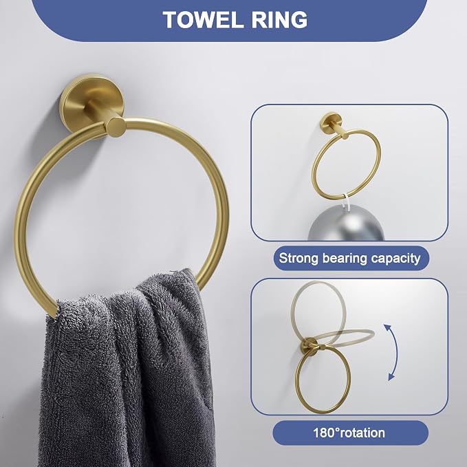 Brushed Gold Bathroom Hardware Set, 24 Inch SUS304 Stainless Steel Bath Towel Bar Set, Bathroom Accessories Set, Towel Rack, Towel Ring, Toilet Paper Holder, Robe Towel Hooks, 5-Pieces
