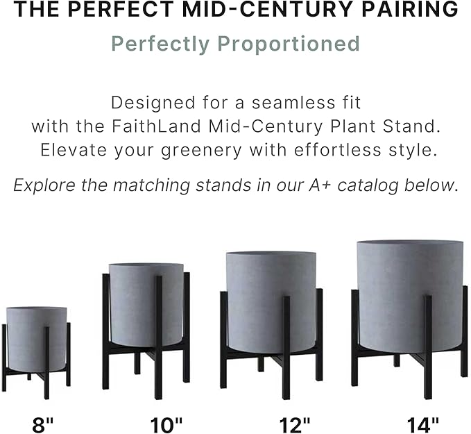 FaithLand 10 Inch Fiberstone Planter - Lightweight Modern Cylinder Plant Pot with Drainage Hole & Plug, Authentic Concrete Look, Gray