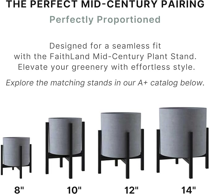 FaithLand 14 Inch Fiberstone Planter - Lightweight Modern Cylinder Plant Pot with Drainage Hole & Plug, Authentic Concrete Look, Gray
