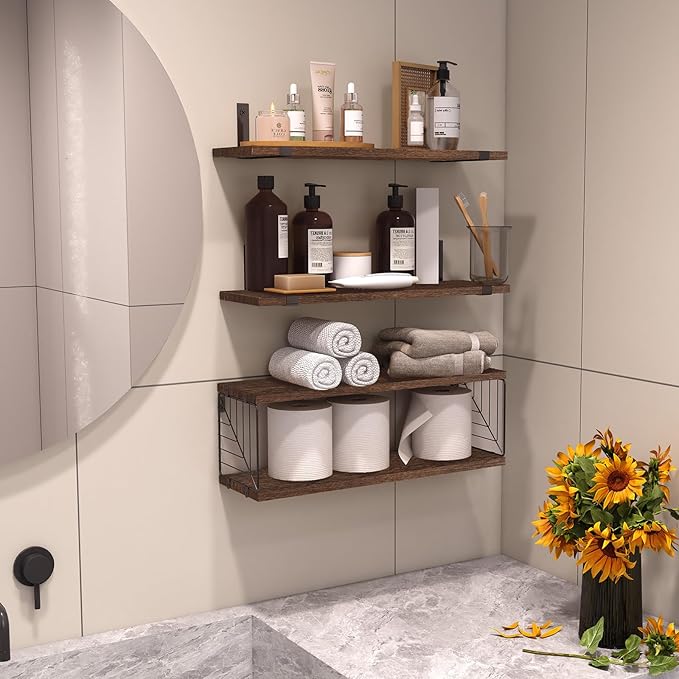 Fixwal Bathroom Floating Shelves Over Toilet, 15.8in Farmhouse Rustic Wood Shelves, Wall Decor for Bathroom, Living Room, Bedroom and Kitchen (3 Plus 1 Tier Dark Brown)