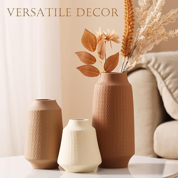 Ceramic Vase Set of 3 - Handcrafted Ceramic Vases for Home Decor & Shelf - Modern Farmhouse Decor for Kitchen, Office, Bedroom & Living Room Decorative Objects for Mantel, Table Centerpieces