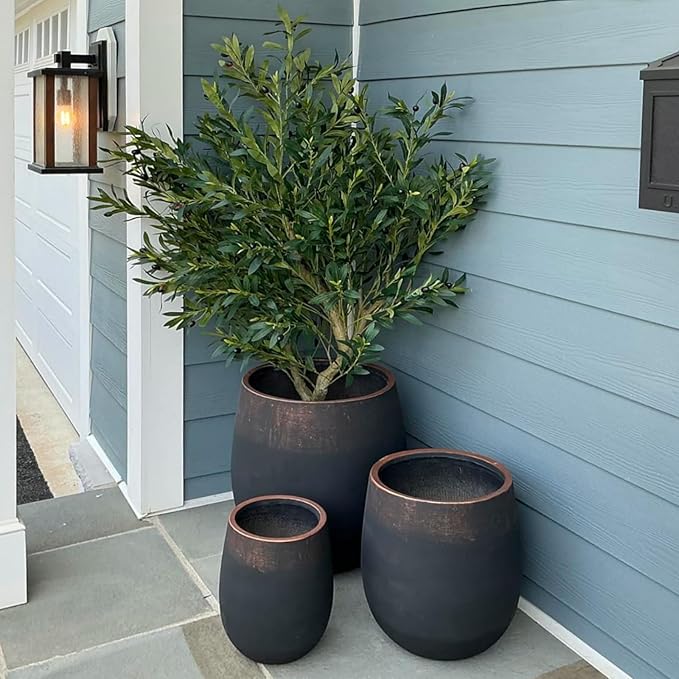 Wallowa 17.7"+13.3"+9.5" Dia Round Concrete Planter Set of 3, Large Outdoor Planter, Black with Gold Rim, Flower Pots with Drainage Holes for Garden, Patio, Home, Office