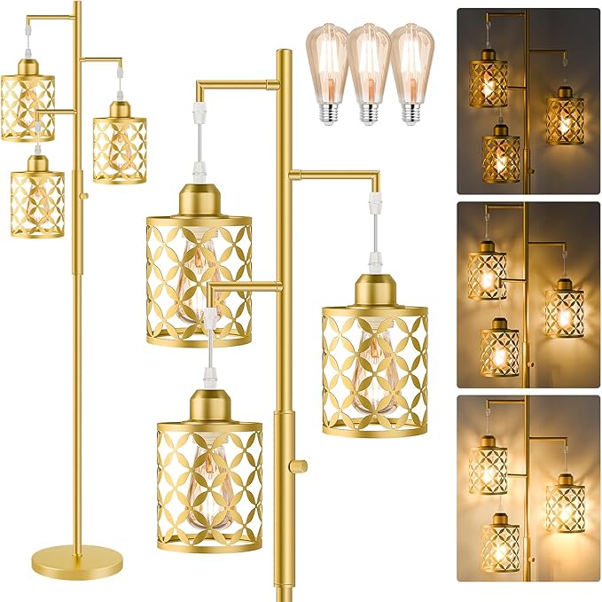 Dimmable Floor Lamp, Farmhouse Standing Lamp with Elegant Metal Cage, Industrial Tall Tree Floor Lamps for Living Room, Bedroom, Study Room, Office, 3 x 800LM LED Bulbs Included, 72", Gold