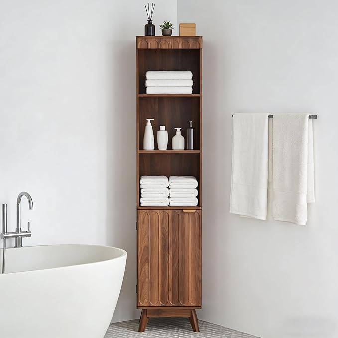 Tall Narrow Bookshelf with Door, Mid Century Modern Bookcase, 71" Slim Storage Cabinet with Adjustable Shelves, Modern Open Display Storage Organizer for Living Room Bathroom Office, Walnut