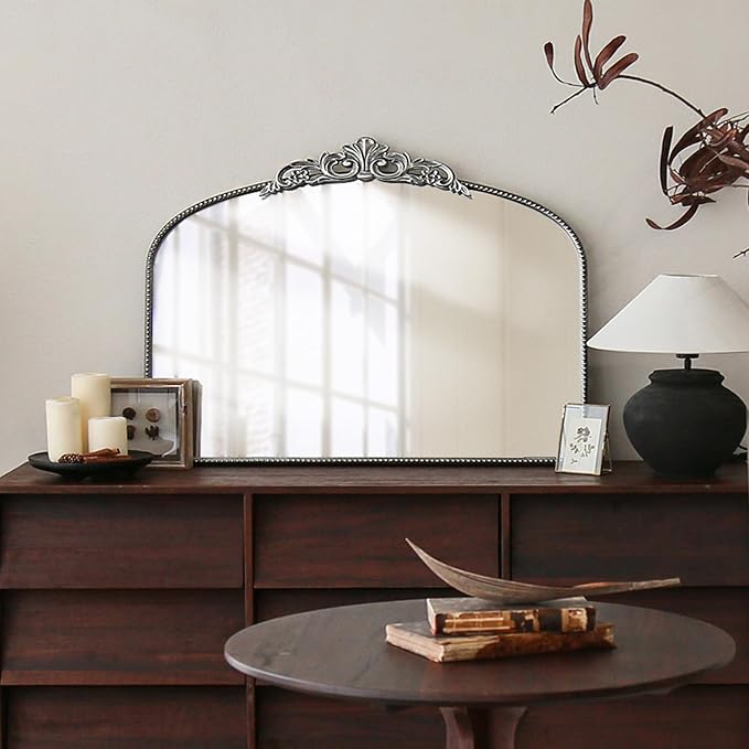 Micasso Vintage Silver Arched Mirror: 36"x29" French Baroque Antique Wall Mounted Mirror - Traditional Ornate Decorative for Wall/Fireplace/Entryway/Bathroom/Hallway - Home Decor for Living Room