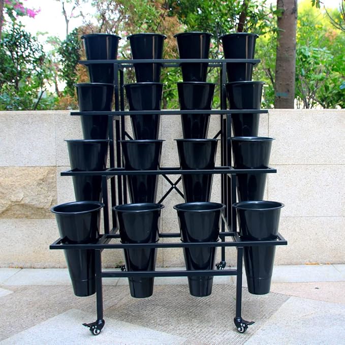 Zhongma 4 Tier Metal Flower Display Stand with 16pcs Plastic Buckets for Fresh Flowers Heavy Duty Garden Cart Moving Flower Bucket Stand with Wheels