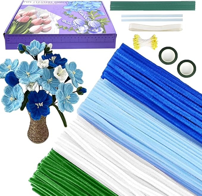 Pipe Cleaners Flower Craft Kit,Chenille Stems Craft DIY Bouquet Making Set with Floral Wires, Gardening Tape, Stamens & Ribbon for Home Decor-Holiday Decorations,Gifts - 400 Pcs (Blue)