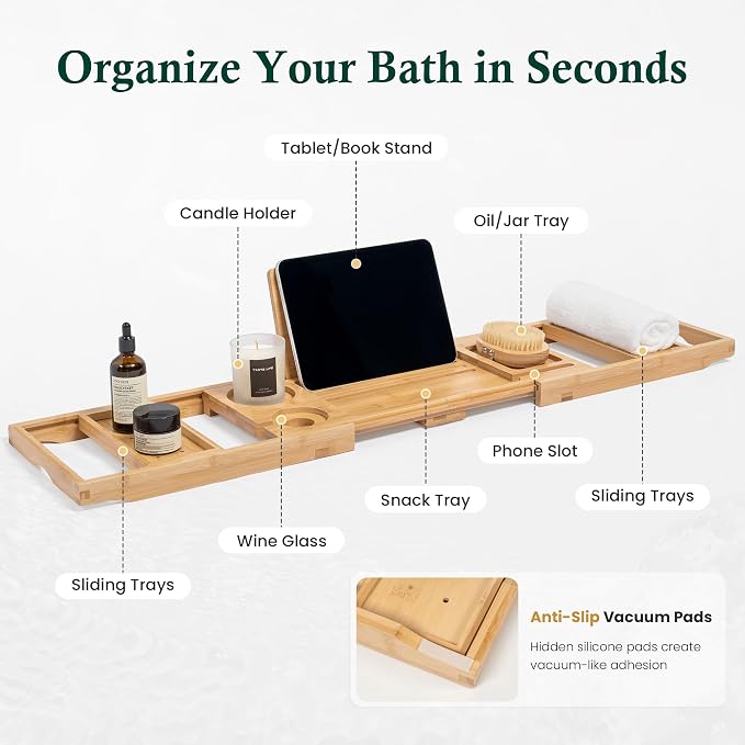 Bamboo Bathtub Tray, Bath Caddy with Wine Glass Holder, Phone Dock & Book Stand | Hands-Free Reading & Ultimate Spa Relaxation Experience-Natural