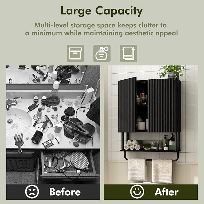 RUSTOWN Fluted Bathroom Wall Cabinet with 2 Doors, 3-Tier Modern Farmhouse Medicine Cabinet, Over The Toilet Storage Cabinet with Adjustable Shelf and Towel Bar (Black, Medium)