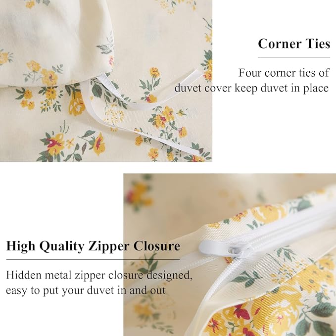 EAVD Garden Style Yellow Floral Duvet Cover King Soft Cotton Bedding Set Chic Botanical Floral Bedding Set with 2 Pillowcases Reversible Aesthetic Comforter Cover for All-Season