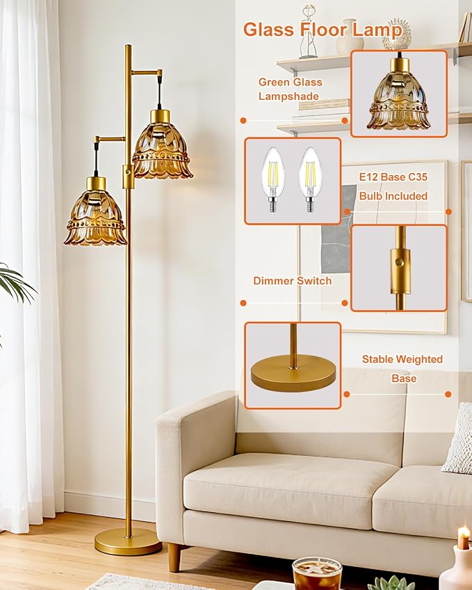 Lightdot 65IN Glass Floor Lamp for Living Room, 2- Light Gold Flower Floor Lamps with Amber Glass Lampshade, 3000K Warm White Modern Standing Tall Lamp with 5Lbs Heavy Base for Bedroom Corner