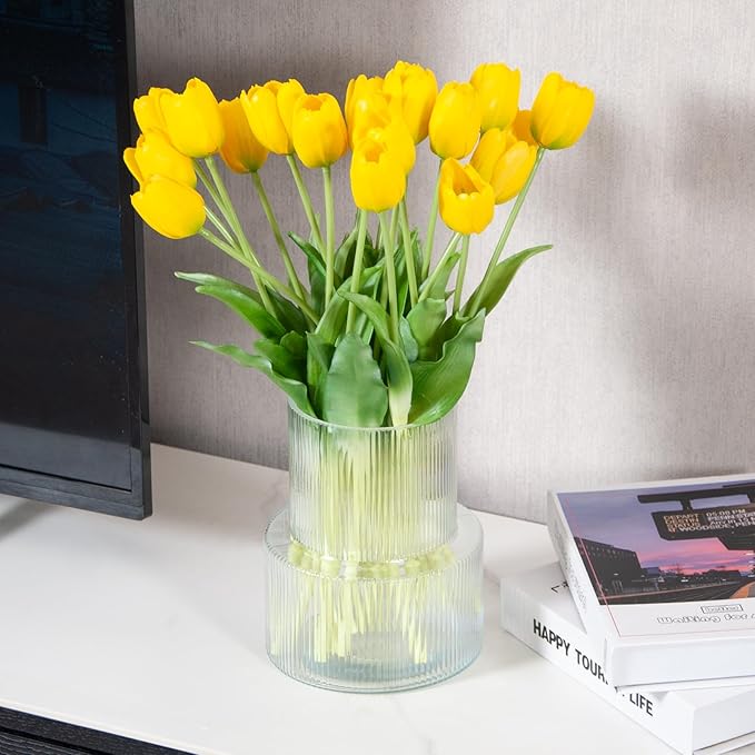 20 Artificial Tulips in Fluted Glass Vase, Waterproof Faux Flowers Bouquet for Wedding Home Office Decor, Table Centerpiece, Housewarming Birthday Gift Set (Yellow)
