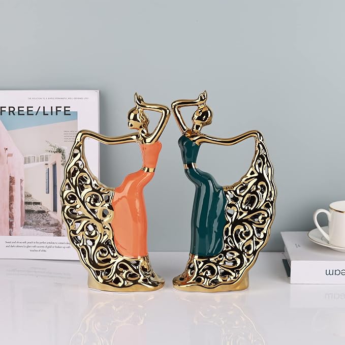 DOVDOV Abstract Ceramic Dancer Decorations, Orange and Gold Home Living Room Decorations for Coffee Table Entryway Bedroom Dresser Display Stand Decoration