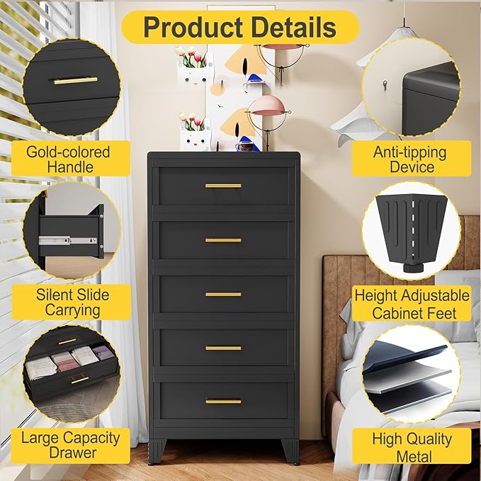 5 Drawers Dresser for Bedroom, 53.46" Tall Metal Dressers & Chest of Drawer Curved Corner Design, Storage Organizer Drawer Chest with Large Capacity for Living Room, Entryway, Hallway, Black