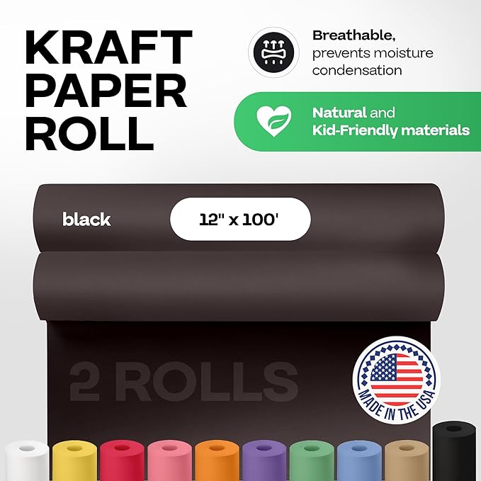 12" x 1200" (100 ft) Black Kraft Paper Roll, Pack of 2 - USA-Made Quality Craft Paper for Gift Wrapping, Kids' Arts & Crafts, School Projects - 100% Recycled, 50 lb Natural Material by IDL Packaging