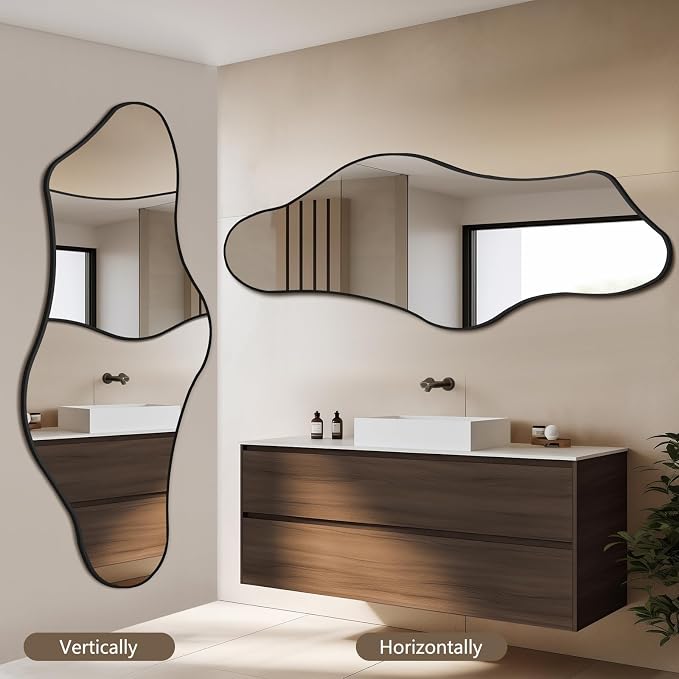 Mirrorons Irregular Wall Mirror 63×24, Black Asymmetrical Decorative Bathroom Mirror, Cloud Mirror, Modern Vanity Mirror, Shatterproof Black Mirror