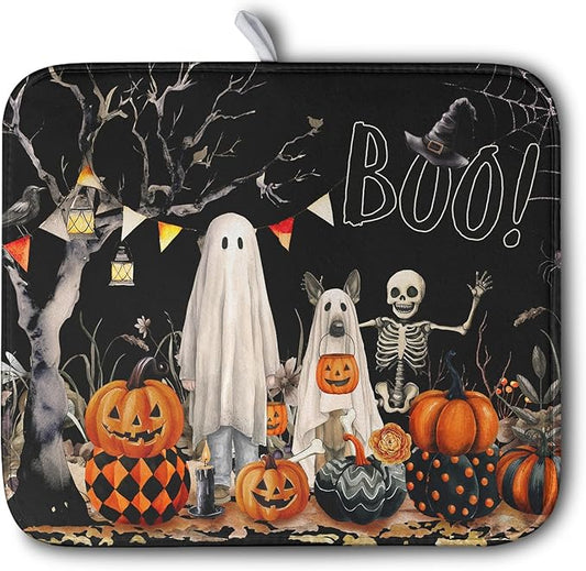 Halloween Dish Drying Mat for Kitchen Counter 16x18 Inch Black Ghost Pumpkins Dog Boo Skull Dishes Drainer Mats Absorbent Microfiber Washable Dish Draining Pad for Sink Coffee Bar
