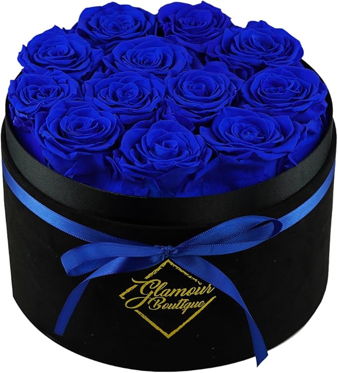 GLAMOUR BOUTIQUE Flowers Forever Gift Box 12 Real Preserved Roses in a Velvet Black Box, Birthday Gift for Wife Mom and Her, Mothers Day, Anniversary, Graduation - Blue