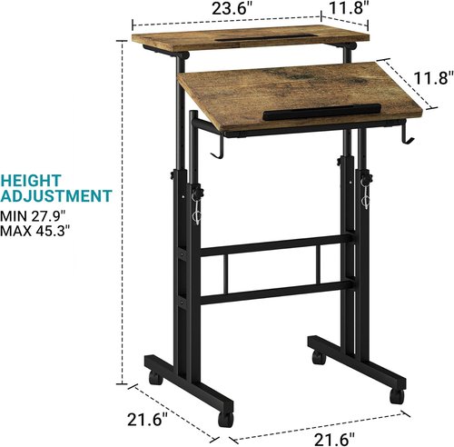 Klvied Rolling Mobile Desk - Portable Adjustable Height Stand-Up Desk on Wheels for Home Office | Oak Finish