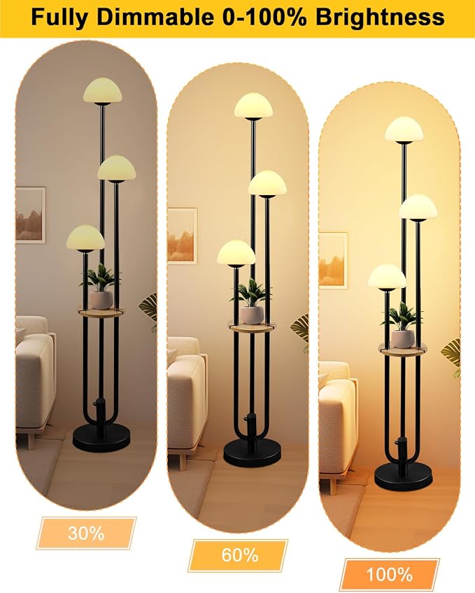 Black Dimmable Floor Lamp with Table, Modern Floor Lamps with Mushroom Shades for Living Room, 3000K Warm White Tall Standing Lamp with Bulbs& 5Lbs Heavy Base for Bedroom/Office