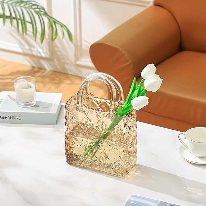 Glass Purse Vase, Glass Bag Vase, Amber Vases for Flowers, 12 Inch Large Flower Vases with Embossed Pattern for Wedding, Living Room, Bedroom, Table, Office(Tote)
