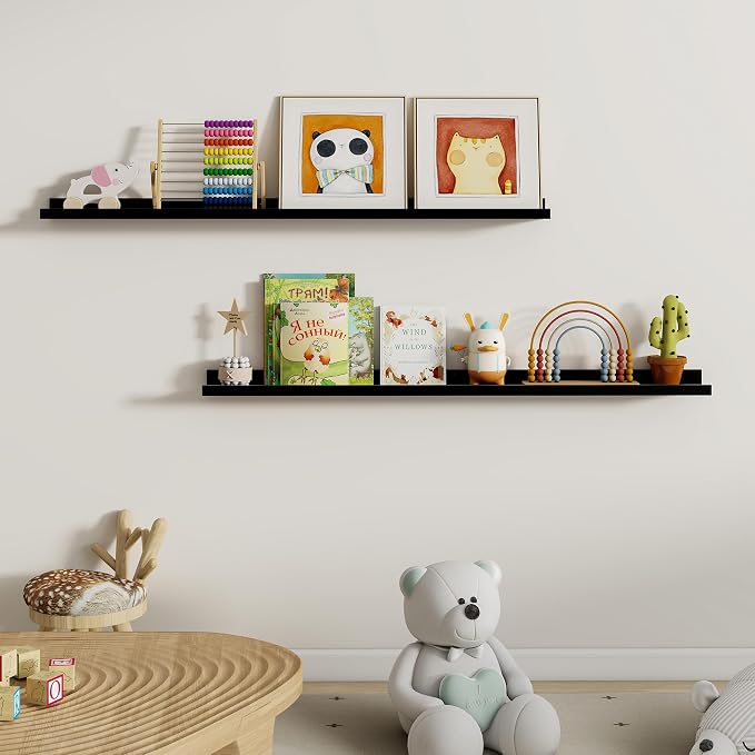 Dreamland Picture Ledge Shelf for Wall, Floating Shelves Set of 2, 48 Inch Long Floating Shelves with Lip for Living Room, Bedroom, Bathroom, Kitchen, Black