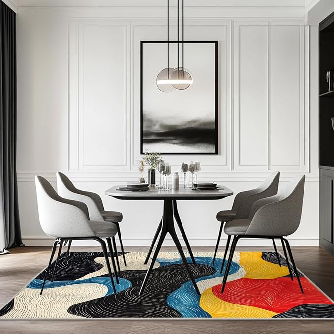 5x7 Colorful Area Rug Modern Abstract Black White Blue Beige Red Yellow Bedroom Rug Soft Low Pile Thin Large Carpet Living Room Non Slip Dining Room Stain Resistant Office Washable Machine