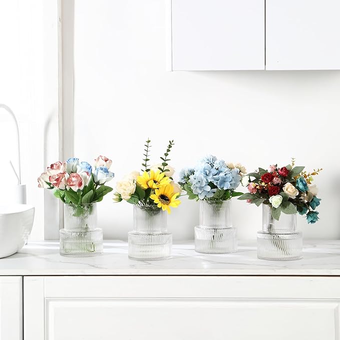 Ribbed Glass Vases, Set of 4 Small Vases for Flowers, Clear Glass Vase for Tulips, Modern Vase for Living Room, Kitchen, Office, Entryway, Bookshelf, Wedding Gifts, Birthday, 6 Inches