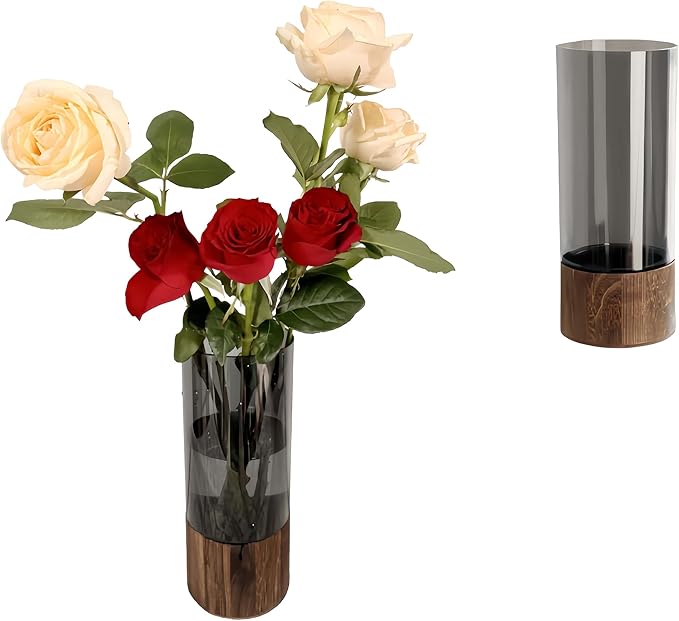 Shatterproof Acrylic Flower Vase with Wood Base–10”H*3.9''W Modern Table Centerpiece for Home Office Decor, Holds Fresh/Dried Stems, Lightweight&Stable, Present for Housewarming Christmas (Cylinder)