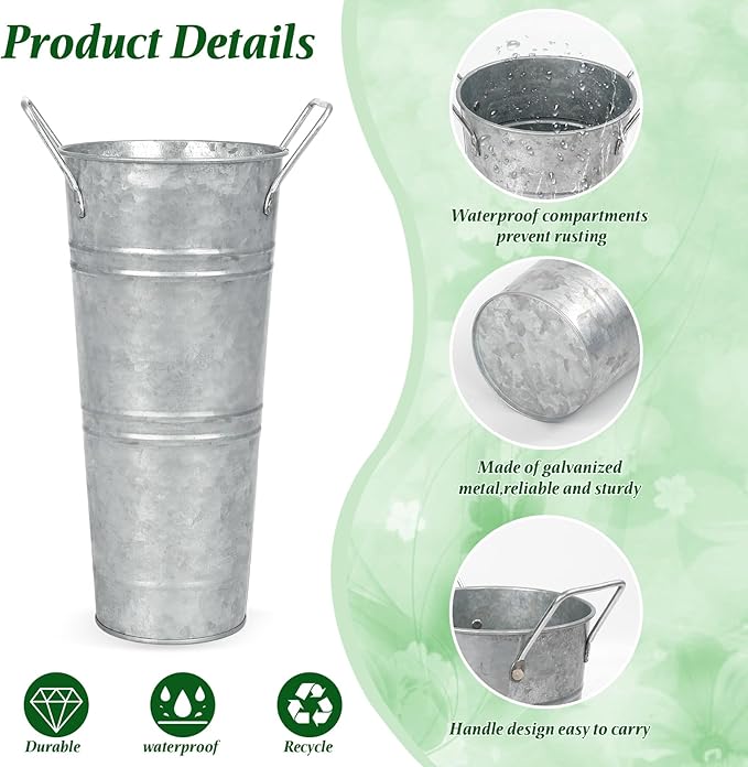 6pcs 9inch-Galvanized Metal Vases Farmhouse French Flowers Bucket Vase with Handles Rustic Tin Flower Holder for Cut Plants Housewarming Gift for Balcony Garden Courtyard