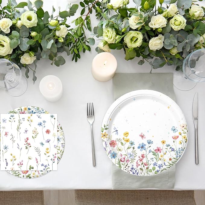 168PCS Wildflower Party Decorations Spring Floral Baby Shower Birthday Decorations Include Plates, Cups, Napkins, Cutlery for Wildflower Baby Shower Tea Decorations, Serve 24