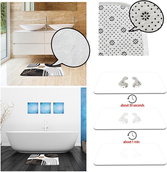 Boho Mid Century Bath Mat Black White Moern Minimalist Leaves Arch Abstract Retro Bathroom Mat Rug Memory Foam Doormat，23.5x35.5 Inch