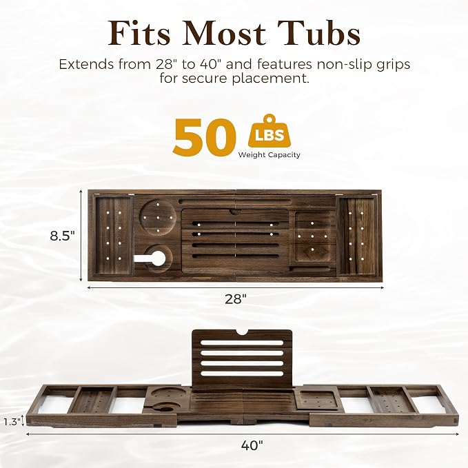 Teak Bathtub Tray, Expandable Bath Tray for Tub 28–40in, Foldable Bath Caddy with Wine Holder, Phone & Tablet Stand, Wooden Bathtub Organizer, Luxury Spa Bathroom Accessories Gift - Dark Walnut Finish
