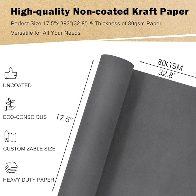 RUSPEPA Dark Gray Kraft Wrapping Paper Roll, 17.5"x 393"(32.8'), Recyclable Gray Gift Wrap Paper for Birthday Gift Wrapping, Table Covering, Art & Craft Supplies, Bouquet Flower, 80GSM