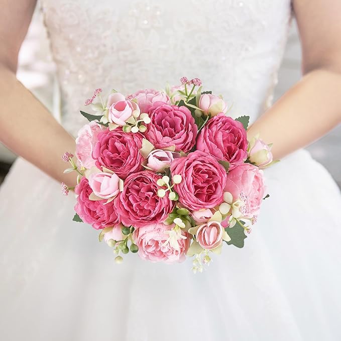 Mkono Peonies Artificial Flowers, Small Silk Flowers for Home Decor Indoor Fake Bouquet Faux Floral Arrangements Dining Table Centerpieces for Kitchen Bridal Wedding Party Decor (2, Mixed Pink)