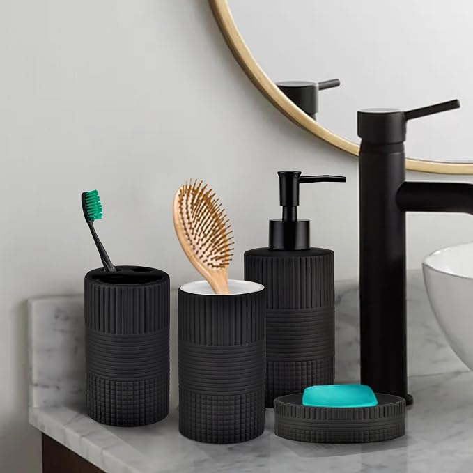Matte Black Bathroom Accessories Set, 4PC Embossing Ceramic Bathroom Sets Complete-Toothbrush Holders, Soap Dispenser, Soap Dish, Toothbrush Cup, Black Bathroom Decor, Bathroom Countertop Organizer