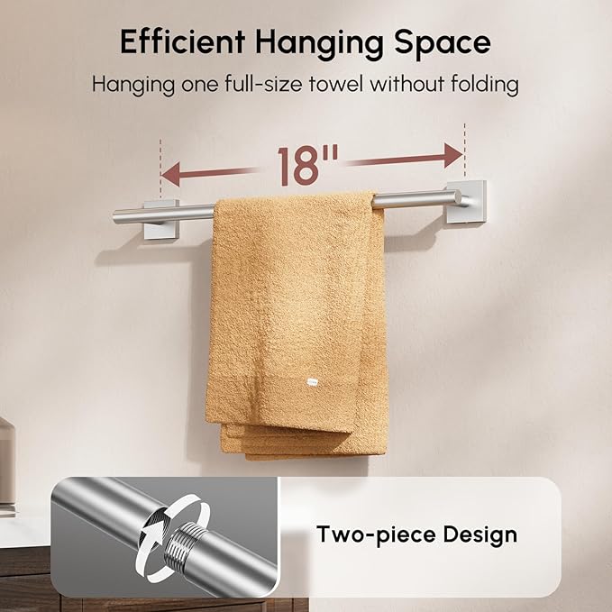USHOWER Brushed Nickel Towel Bar, 18 Inch Towel Racks for Bathroom Wall Mounted, 304 Stainless Steel Towel Holder with Square Base, Modern Home Decor (Total Length 20 Inch)
