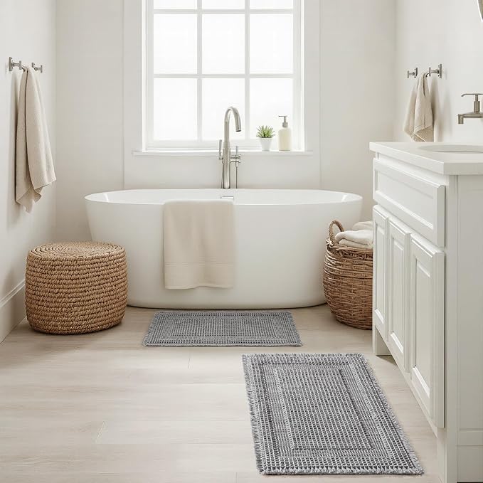 MIULEE Set of 2 Waffle Bathroom Rugs, Boho Bath Rug Super Absorbent, Non Slip Washable Ultra Soft Rubber Backed Shower Bath Mats for Floor, Tub, Shower, Looped Design, Light Grey, 17"x24"+18"x30"