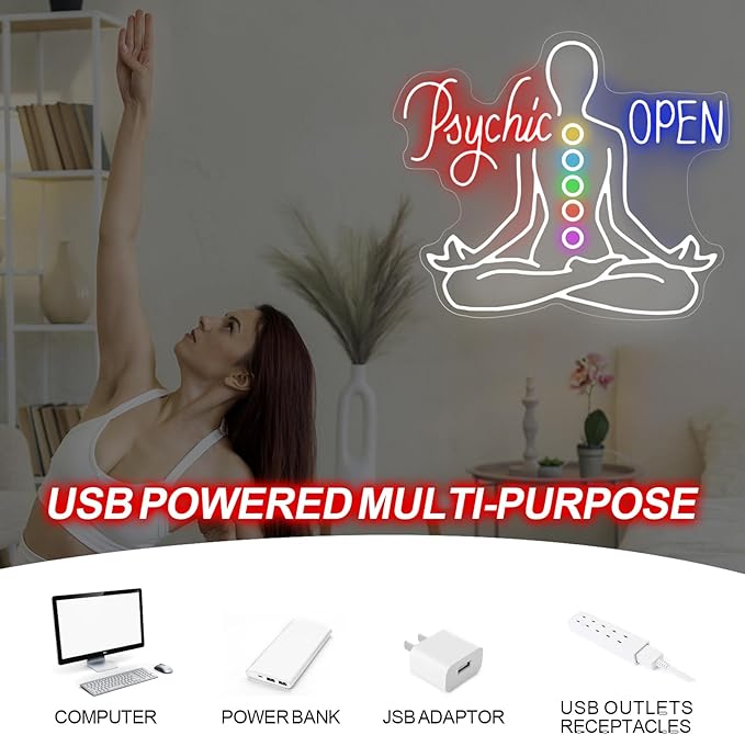 Psychic Open Neon Sign Charka Neon Light, Yoga Led Sign, Exercise Room Wall Decor, Buddha Lotus, Pilates Studio Art Meditation Room Wall Art Yoga Lover Gift, Psychic Chakras Healing Exercise, 20"*x17.3"