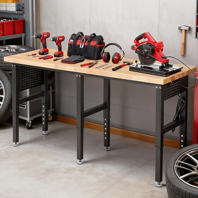 Workbench 72 x 24 Inch Heavy Duty Adjustable Height Work Table with Power Outlets & Extended Pegboard 5000 lbs Load Capacity for Garage, Workshop, Home, Office