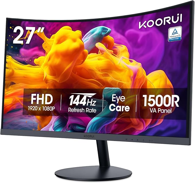 KOORUI 27 Inch Curved Monitor FHD 1080P 144Hz Gaming Office Computer Monitors, 1500R PC Screen with HDMI VGA, Eye Care TÜV Rheinland Certified, Tilt Adjustable, Black.