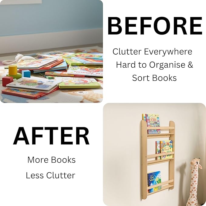 Montessori Wall-Mounted Bookshelf for Toddlers Toy Storage Shelf Organizer for Playroom and Classroom Floor Bookshelves for Kids Room (Natural, L, 3)
