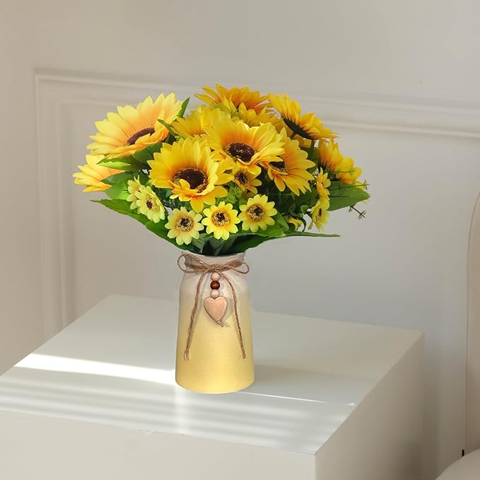 Artificial Sunflower Arrangement in Ceramic Vase – Fake Silk Sunflowers Table Centerpiece Decoration, Stylish Artificial Flowers with Vase for Home Table Dining Room