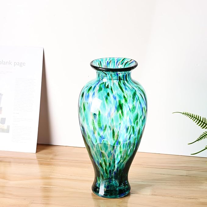 11.8" Tall Turquoise Glass Vase Beautiful Hand Blown Glass Vase Modern Art Home Decor, Wide Mouth Colorful Vases for Mantle Dining Table Centerpiece, Entryway Living Room Wedding Decoration