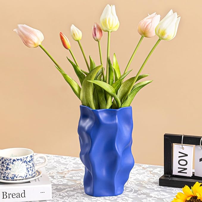 Blue Ceramic Vase for Home Décor – Modern Unique Flower Vase, Decorative Table Centerpiece – Handcrafted Ceramic Vase for Living Room, Office & Gift Ideas (ChifonCyan 8.3 inches)