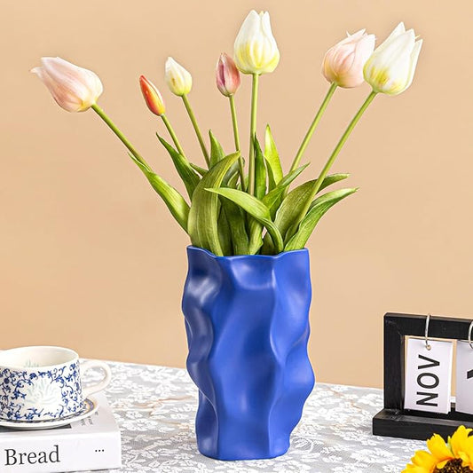 Blue Ceramic Vase for Home Décor – Modern Unique Flower Vase, Decorative Table Centerpiece – Handcrafted Ceramic Vase for Living Room, Office & Gift Ideas (ChifonCyan 8.3 inches)