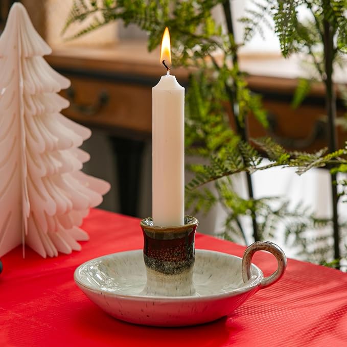 Candle Holder Ceramic Candlestick Holder, Candlelight Stand for Spell Candles, Taper Candles, and Incense, Halloween Christmas Dining Room Home Decoration Display-White and Green